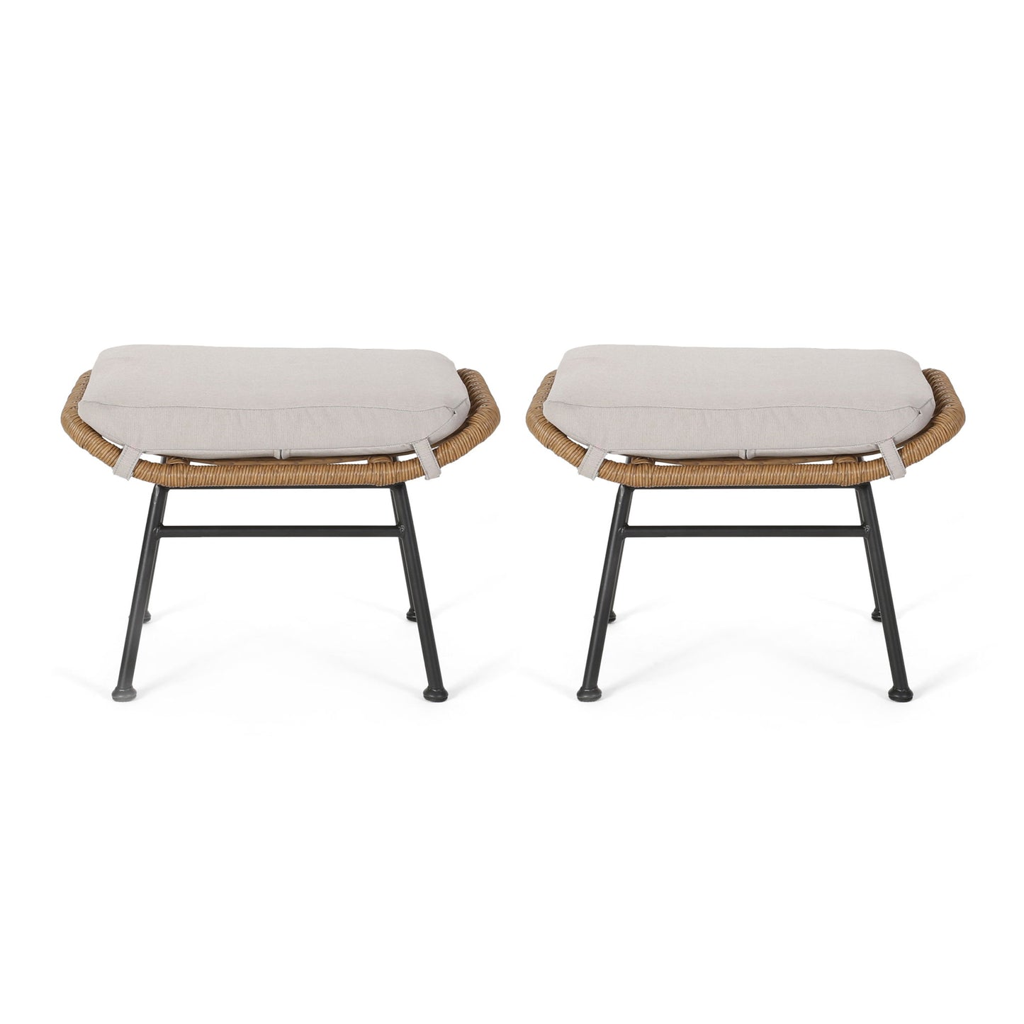 Two Outdoor Modern Boho Wicker Ottomans With Cushions (Set of 2), featuring light beige cushions, wicker-style seats, and black metal legs, are placed side by side against a white background.