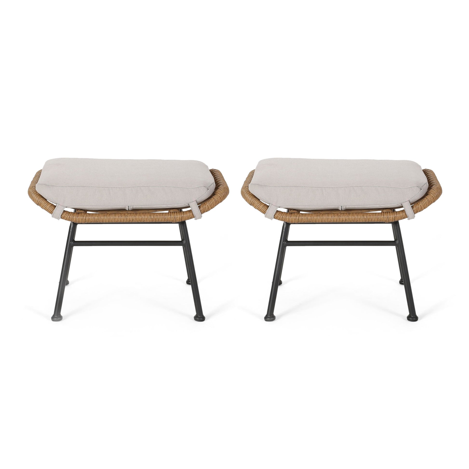 Two Outdoor Modern Boho Wicker Ottomans With Cushions (Set of 2), featuring light beige cushions, wicker-style seats, and black metal legs, are placed side by side against a white background.