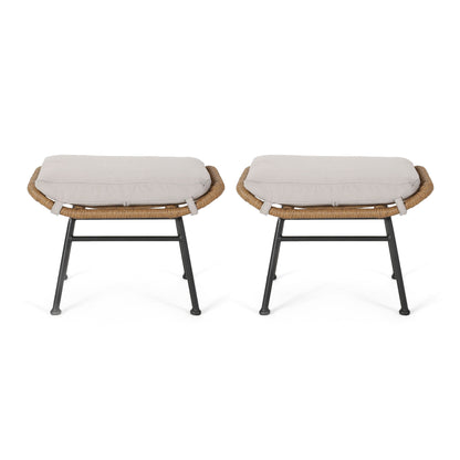 Two Outdoor Modern Boho Wicker Ottomans With Cushions (Set of 2), featuring light beige cushions, wicker-style seats, and black metal legs, are placed side by side against a white background.