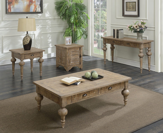 A living room featuring the Ludin Coffee Table in Taupe, rustic wooden furniture pieces, and decor such as a table lamp, books, flowers, a potted plant, and framed artwork.