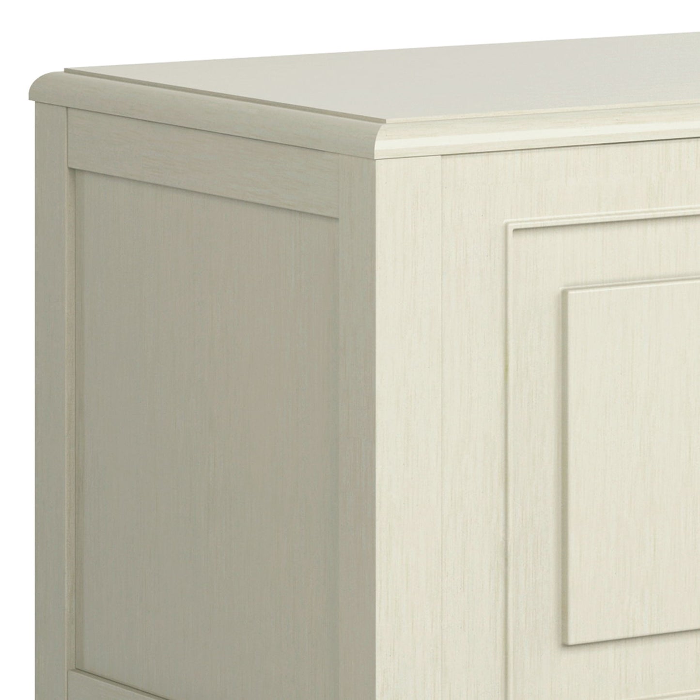 A close-up view of the Connaught Handcrafted Storage Bench Trunk showing its smooth, light wood finish and elegant recessed panel detailing.