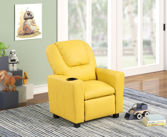 The Marisa PU Leather Kids Recliner Chair with Cupholder in bright yellow sits on a striped rug in a kids’ room, surrounded by toys, books, and Star Wars decor including a BB-8 poster and figures on the shelf.