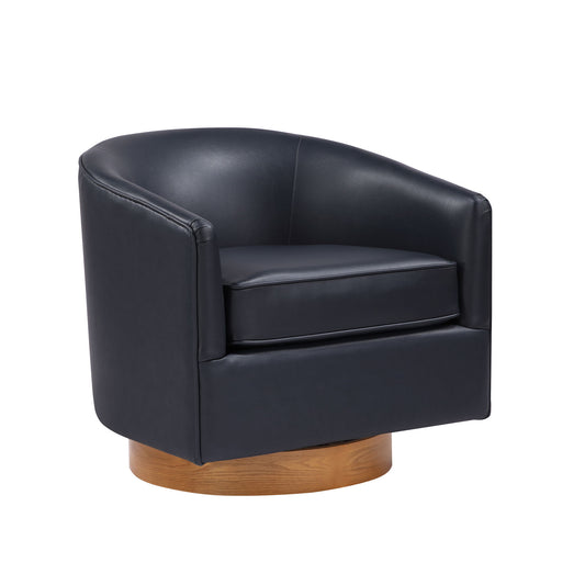 The Maisy - Barrel Swivel Chair features a modern design with black leather, a curved backrest, cushioned seat, and a round wooden base.