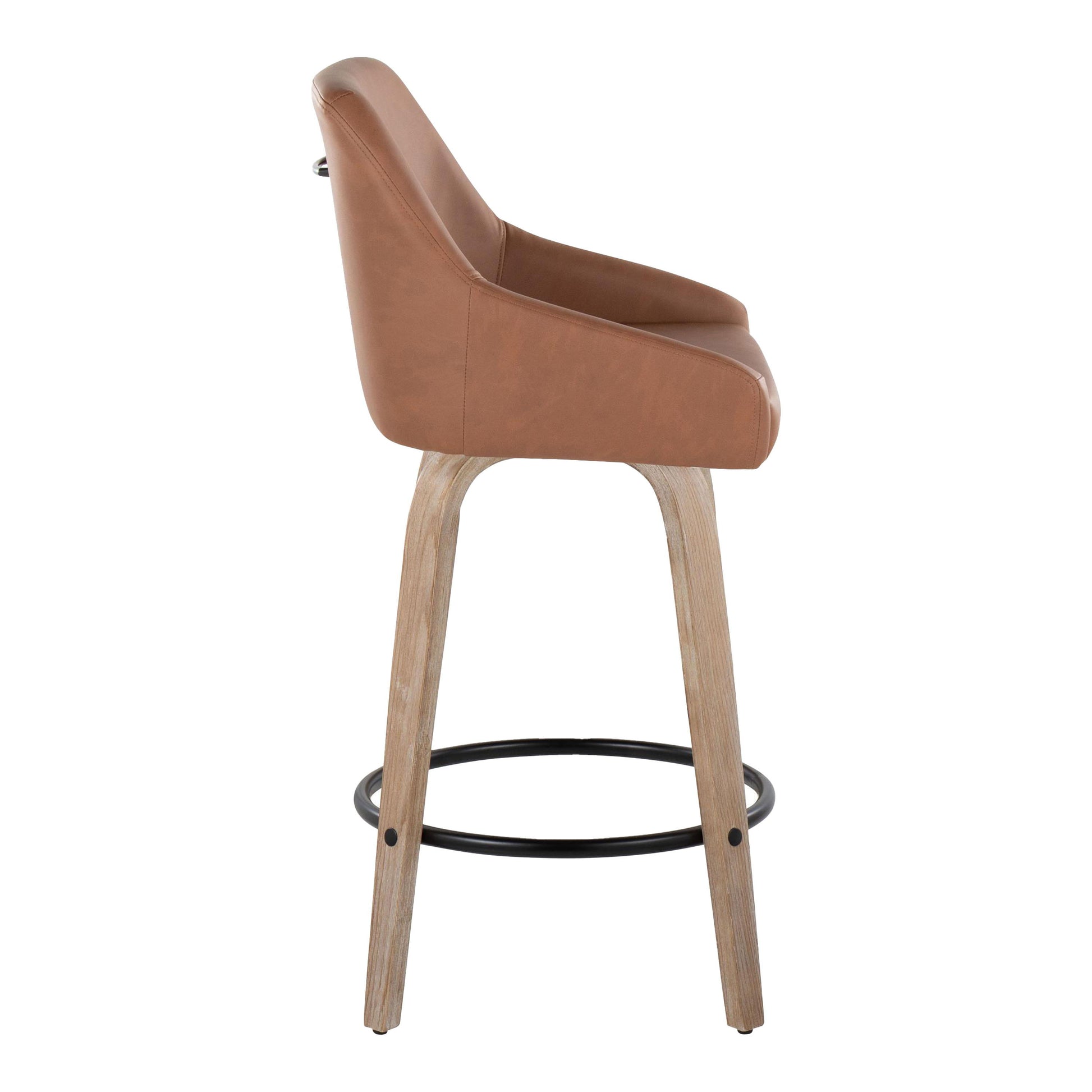 Side view of the Hannah Transitional Fixed Height Counter Stool with swivel, featuring a brown cushioned seat, wooden legs, and a round black metal footrest (set of 2), shown against a white background.