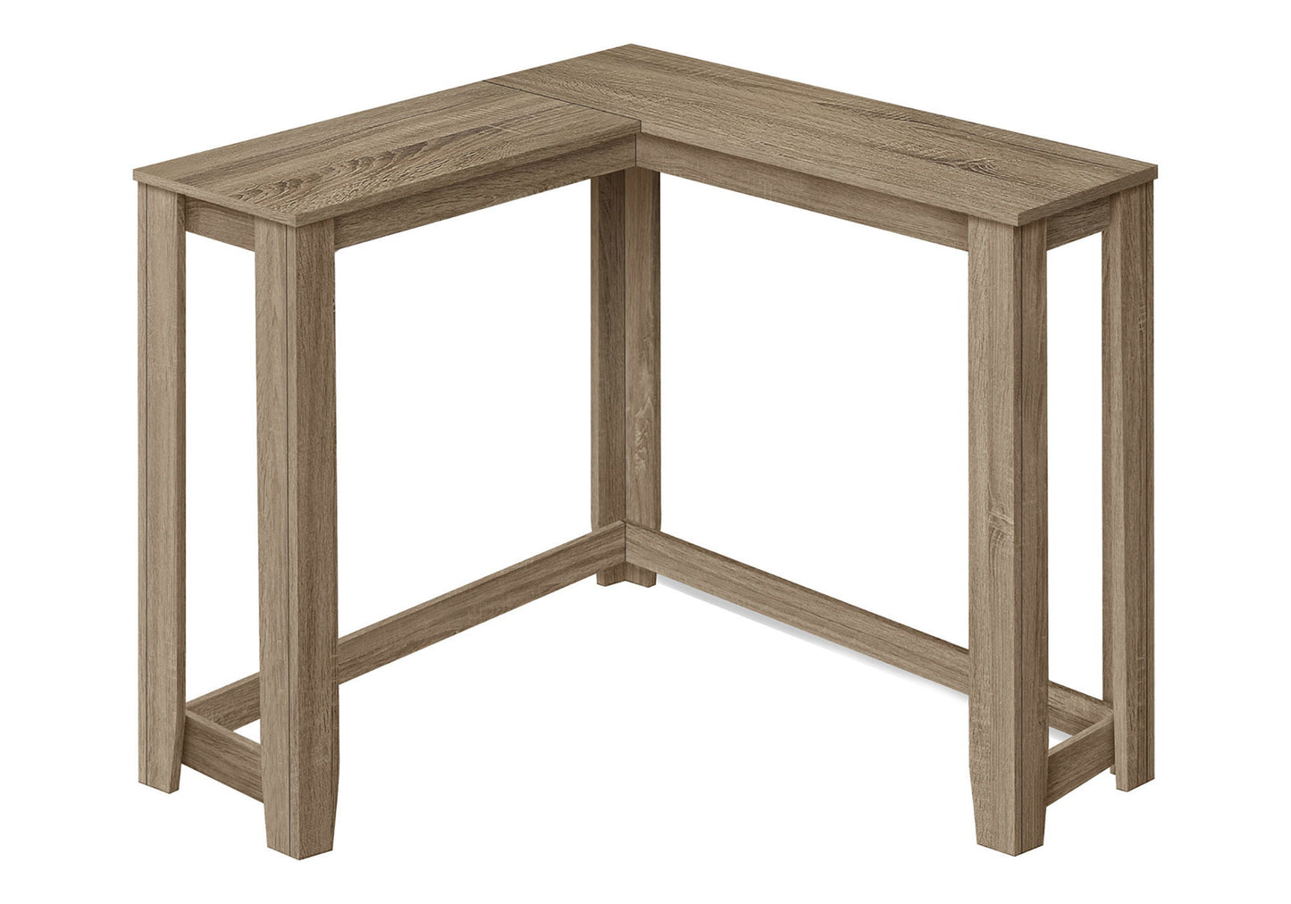 The Corner Accent Console Table for Entryway features a unique, contemporary L-shaped design with a natural wood finish, straight legs, and a minimalist look. No drawers or shelves included.