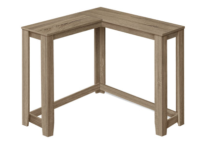 The Corner Accent Console Table for Entryway features a unique, contemporary L-shaped design with a natural wood finish, straight legs, and a minimalist look. No drawers or shelves included.