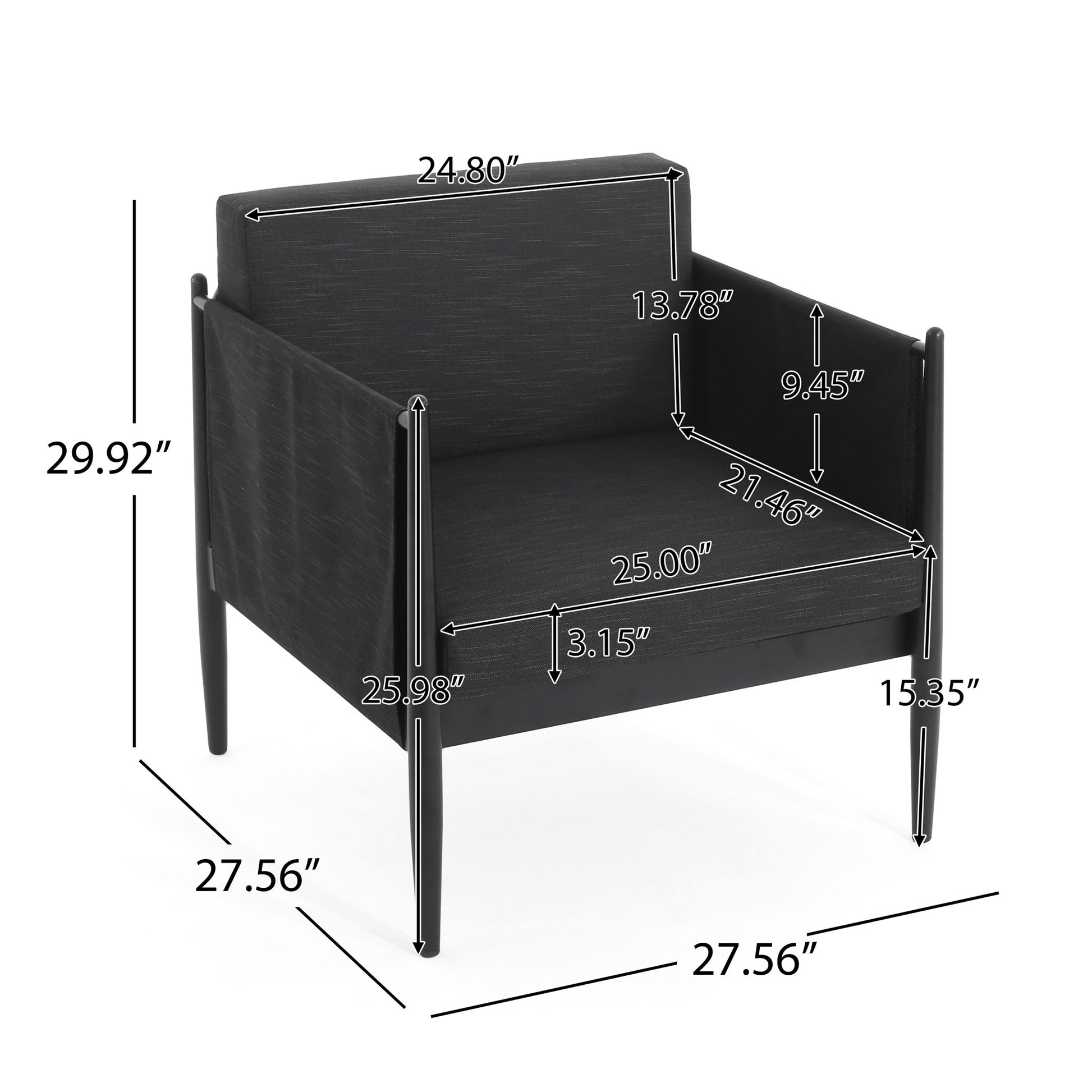 The Dawson Club Chair is a black armchair with slim legs, featuring labeled measurements: 29.92" high, 27.56" wide, and 27.56" deep, plus detailed seat and back dimensions shown.