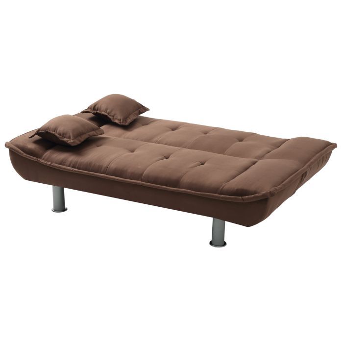 The Lionel Sofa Bed is a brown, tufted, rectangular futon with metal legs and two matching pillows, shown against a white background.