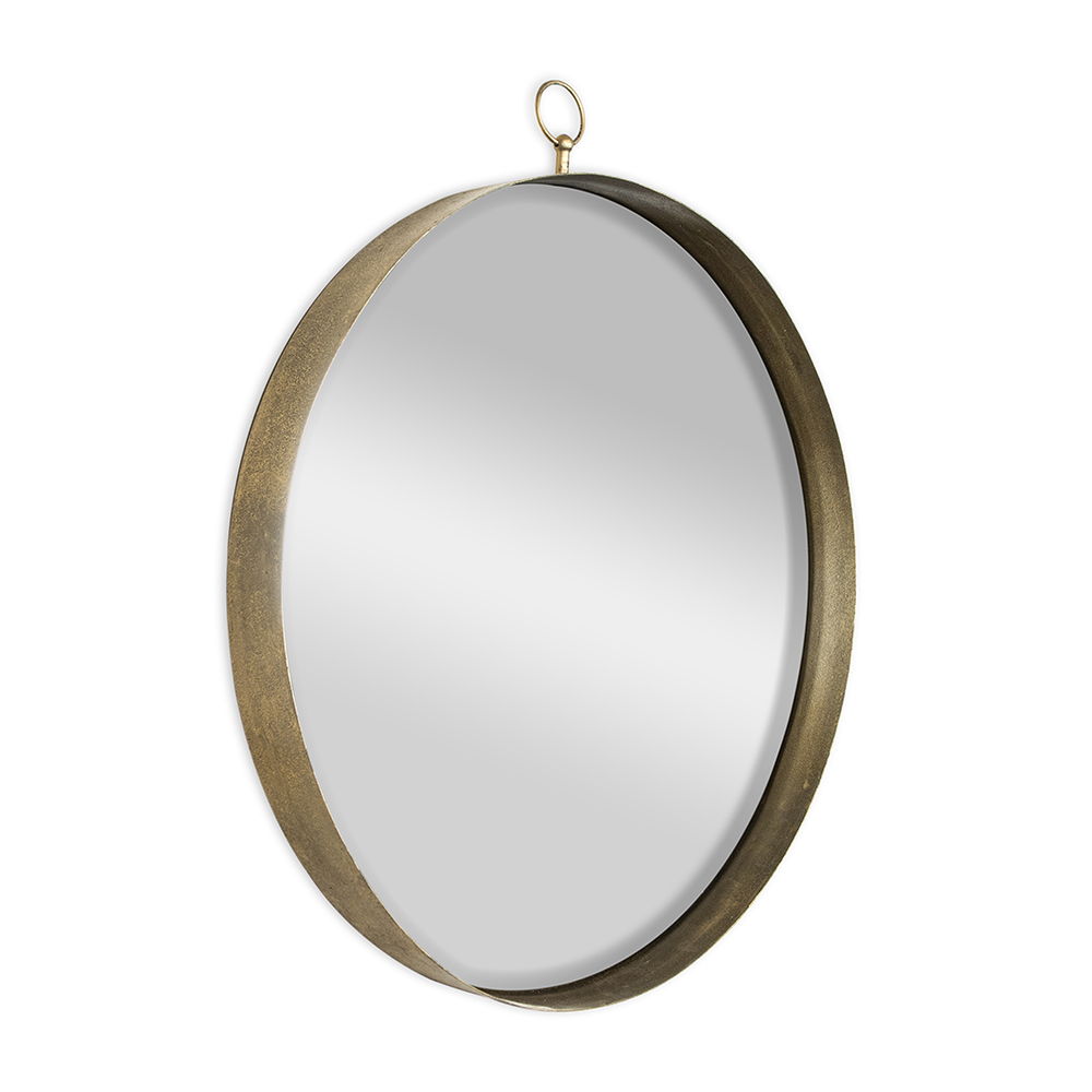 Round Mirror with thick iron frame and top hanging loop, perfect for living room, bedroom, vanity, entryway, or hallway—shown against a white background.