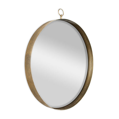 Round Mirror with thick iron frame and top hanging loop, perfect for living room, bedroom, vanity, entryway, or hallway—shown against a white background.