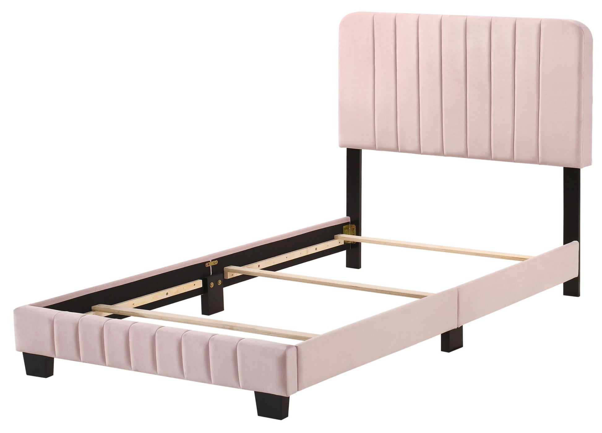 The Lodi - Bed is a modern single bed frame with a light pink upholstered headboard and side rails, vertical stitched lines, and black wooden legs. Shown without a mattress.