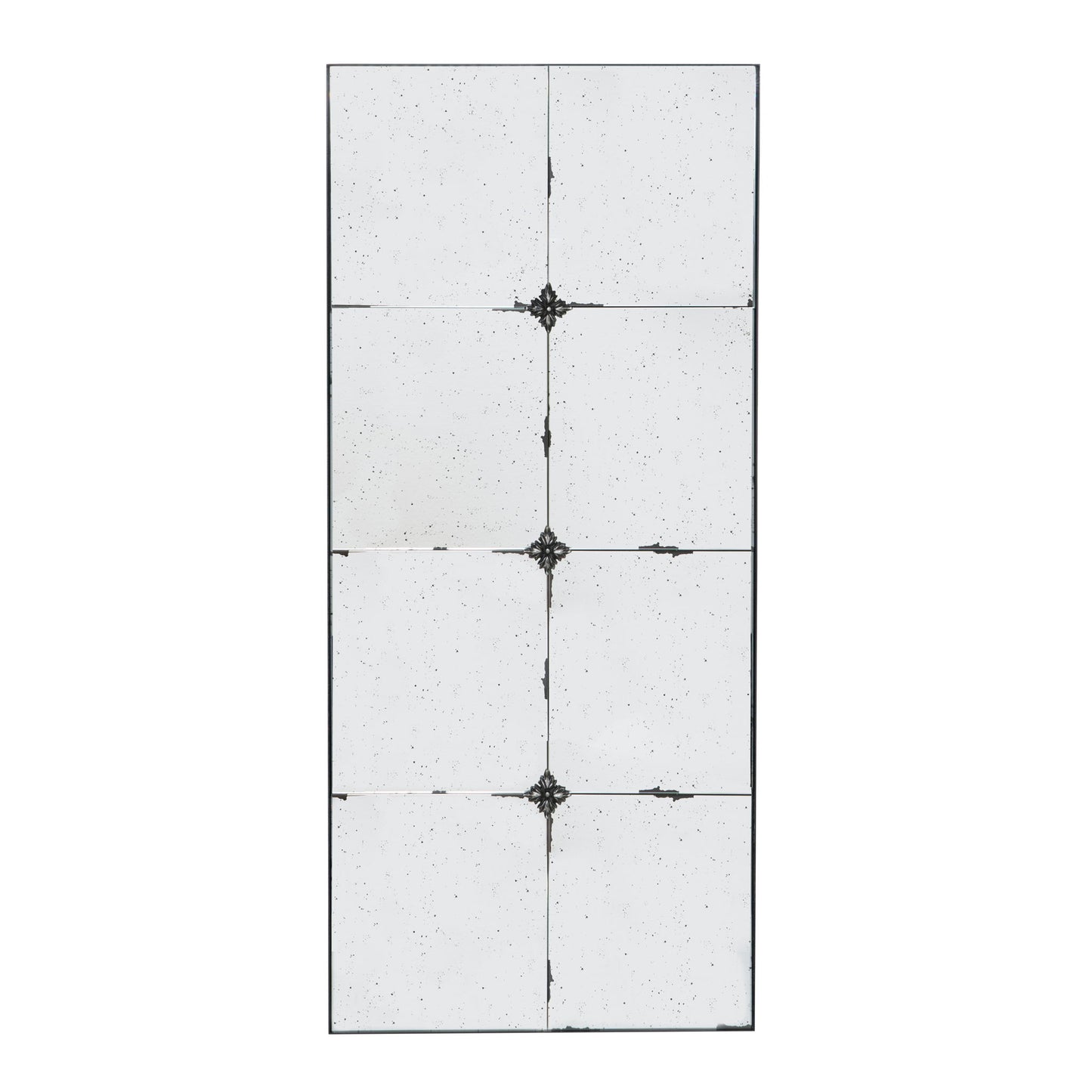 The Traditional Decor Style Antique Glass Panel Mirror features an antique finish, eight sections divided by thin black lines with ornate metal accents at intersections, and a slightly speckled, aged surface—perfect for bathroom or entryway use.