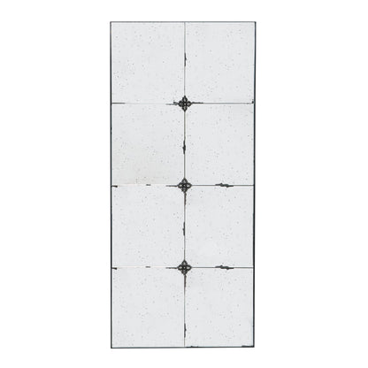 The Traditional Decor Style Antique Glass Panel Mirror features an antique finish, eight sections divided by thin black lines with ornate metal accents at intersections, and a slightly speckled, aged surface—perfect for bathroom or entryway use.
