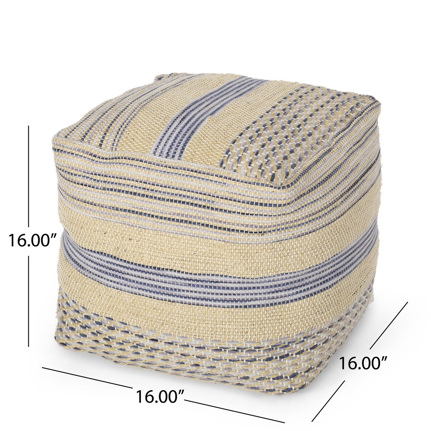 The Western Handcrafted Fabric Pouf features a square design with natural and blue stripes, measures 16 inches in height, width, and depth, and is crafted for durability.