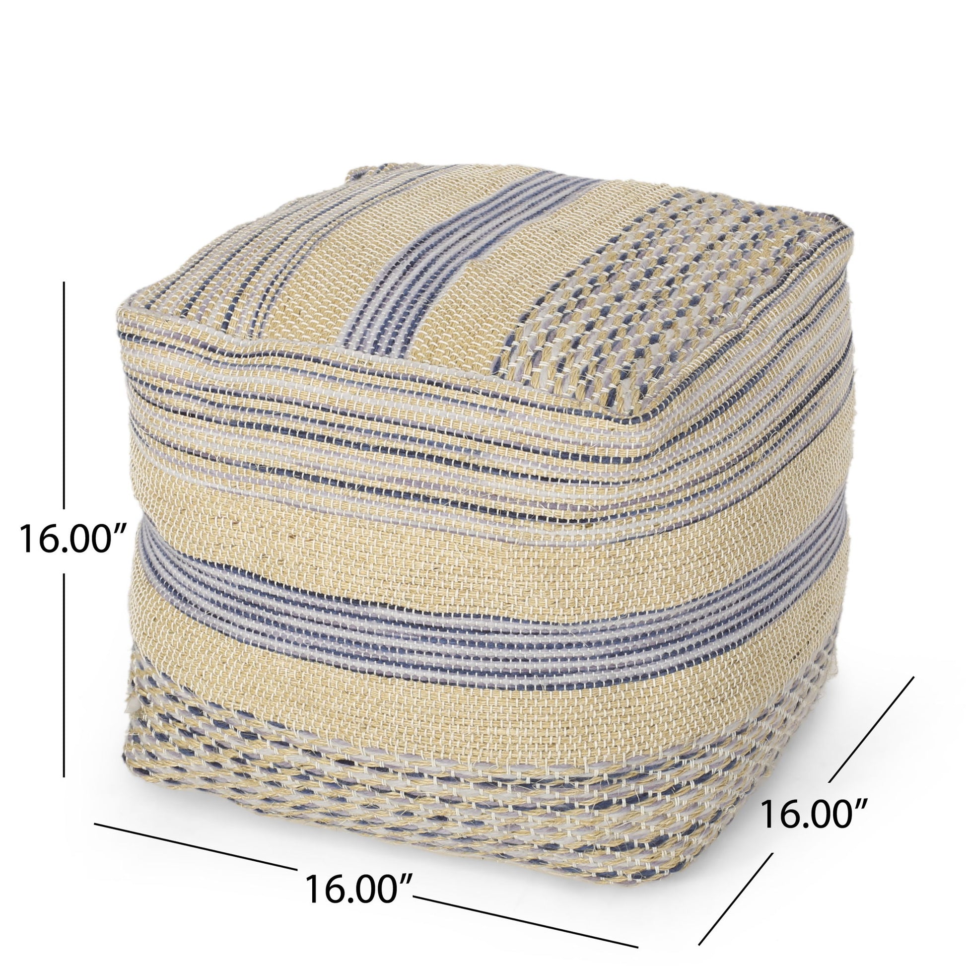 The Western Handcrafted Fabric Pouf features a square design with natural and blue stripes, measures 16 inches in height, width, and depth, and is crafted for durability.