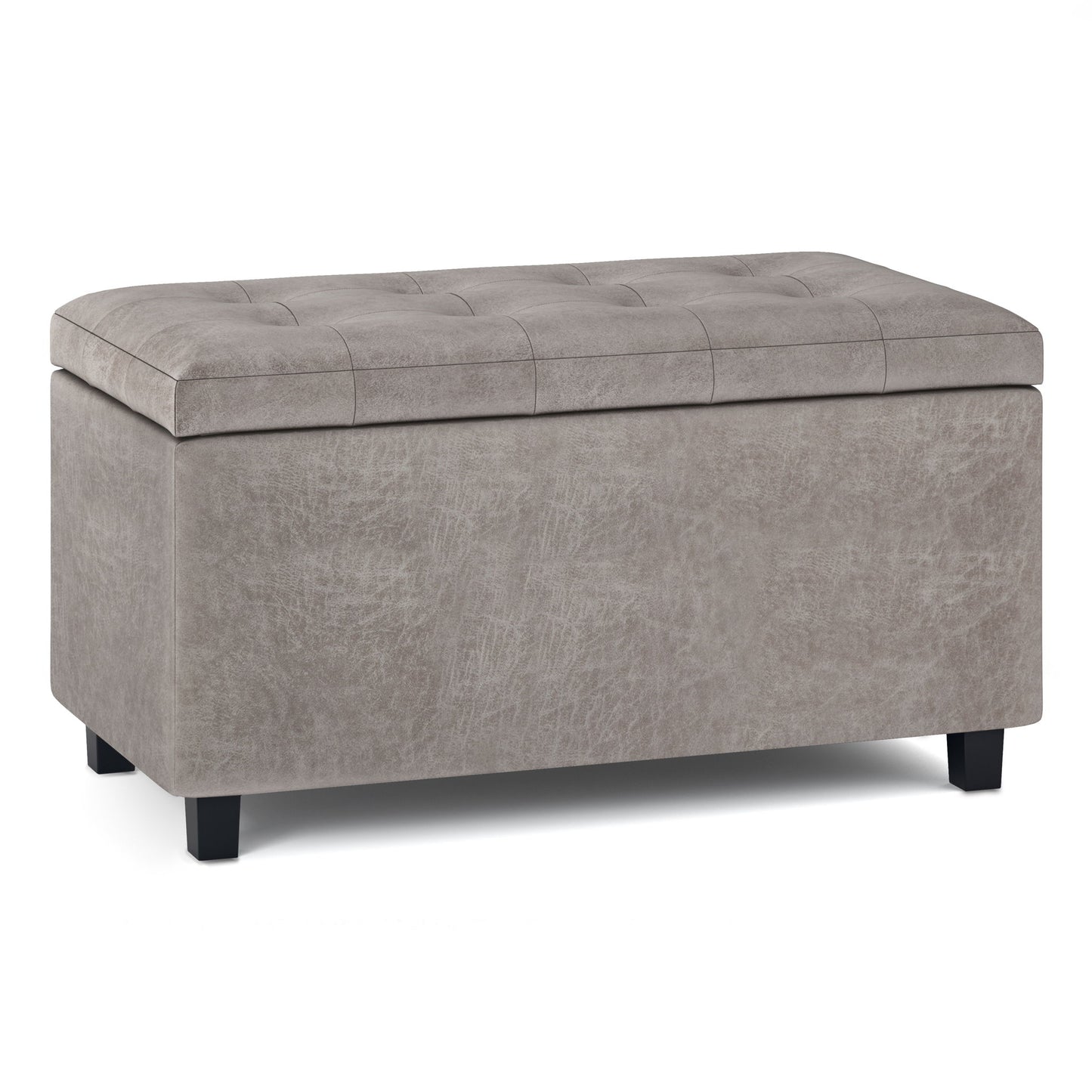 The Cosmopolitan - Upholstered Storage Ottoman, featuring a rectangular gray design with a tufted lid and short black legs, is shown against a white background.
