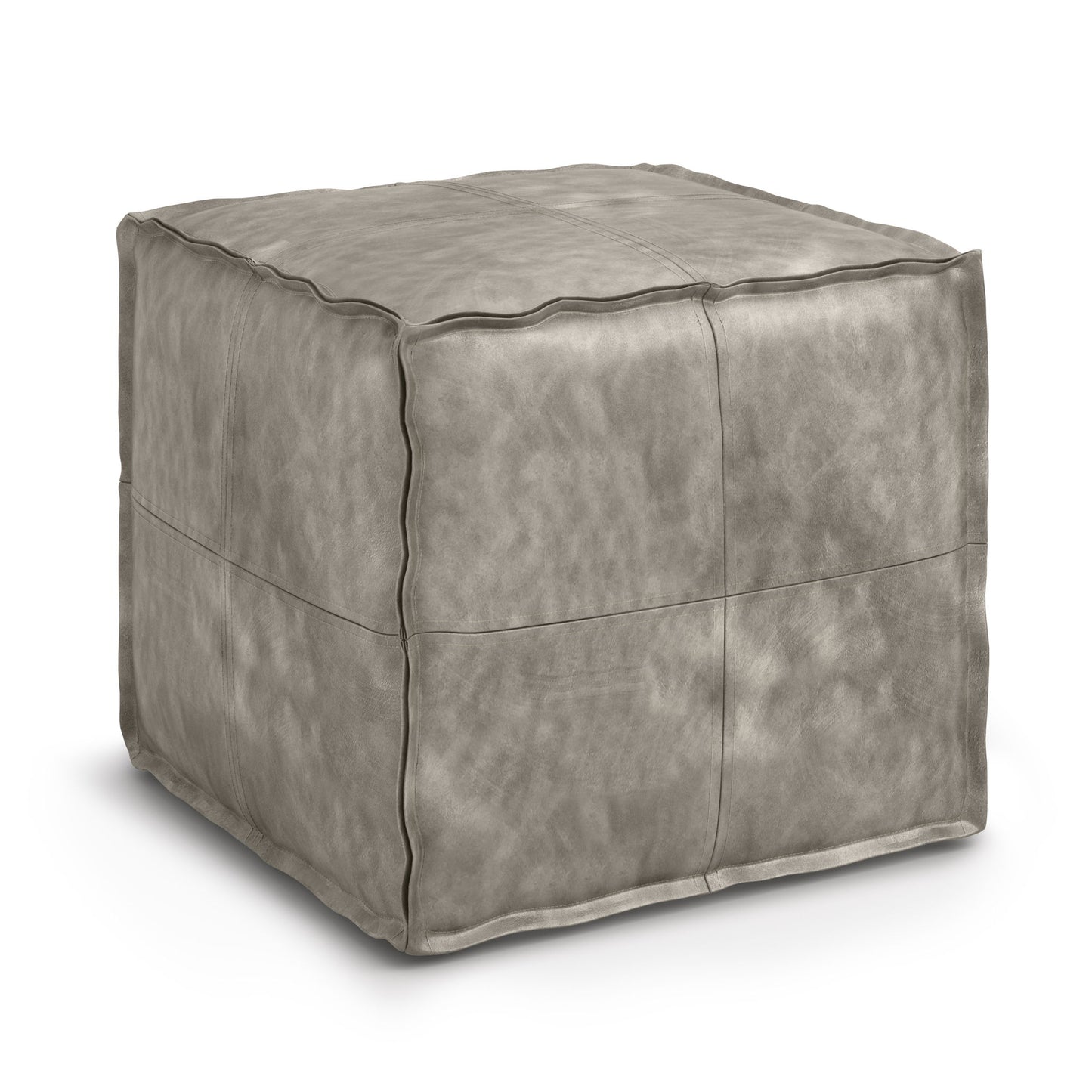 The Brody - Versatile Square Pouf is a light gray leather ottoman with visible stitching, displayed on a white background.