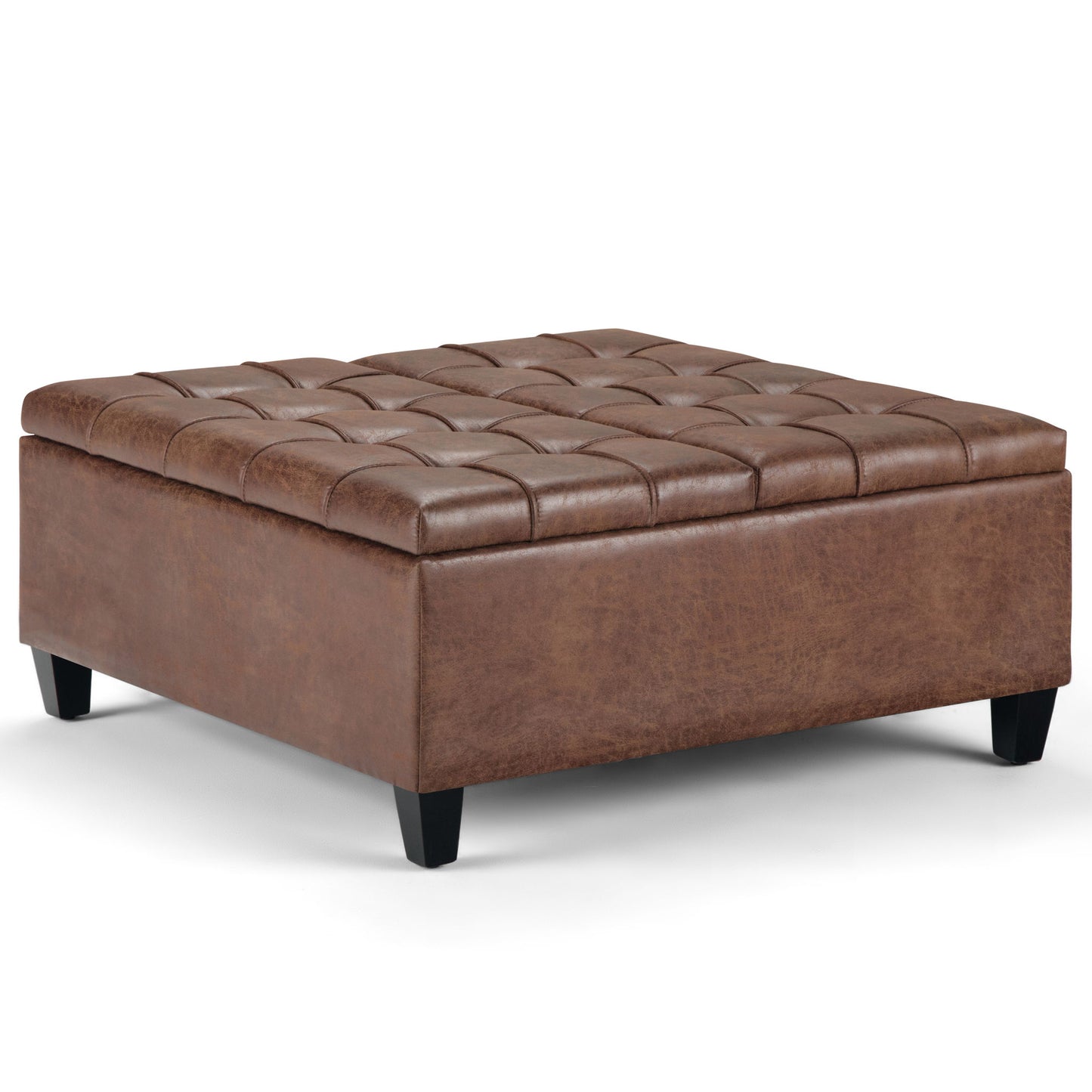 The Harrison Upholstered Coffee Table Storage Ottoman is a square, brown, tufted leather piece with short black legs, displayed on a white background.