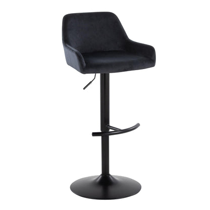 The Daniella Contemporary Adjustable Barstool (Set of 2) features a modern black design with a curved backrest, cushioned seat, metal pedestal base with rounded T footrest, swivel function, and adjustable height lever.
