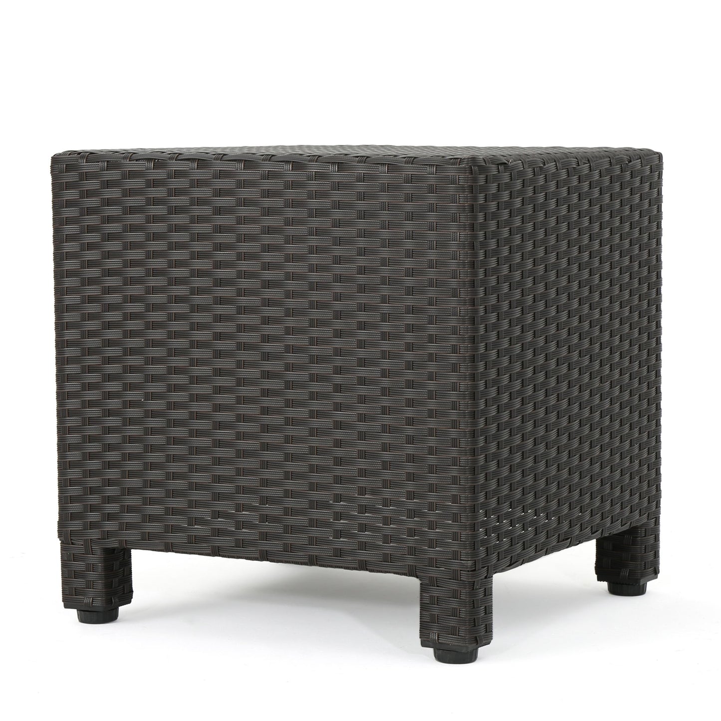 The Puerta Minimalist Style Accent Table features a square shape, dark brown wicker design, and short legs, shown against a white background.