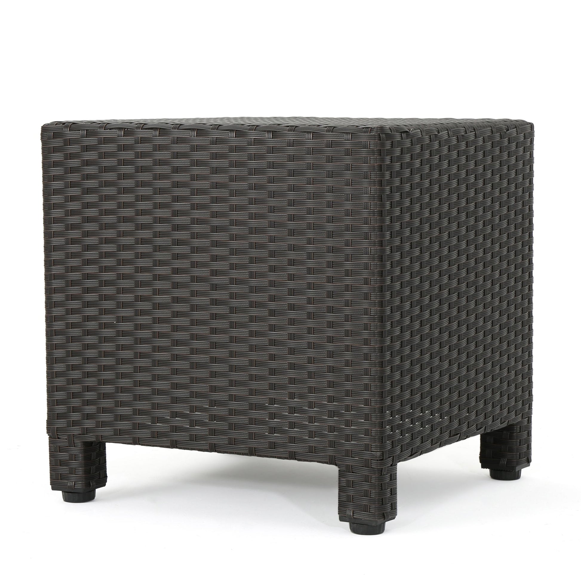 The Puerta Minimalist Style Accent Table features a square shape, dark brown wicker design, and short legs, shown against a white background.