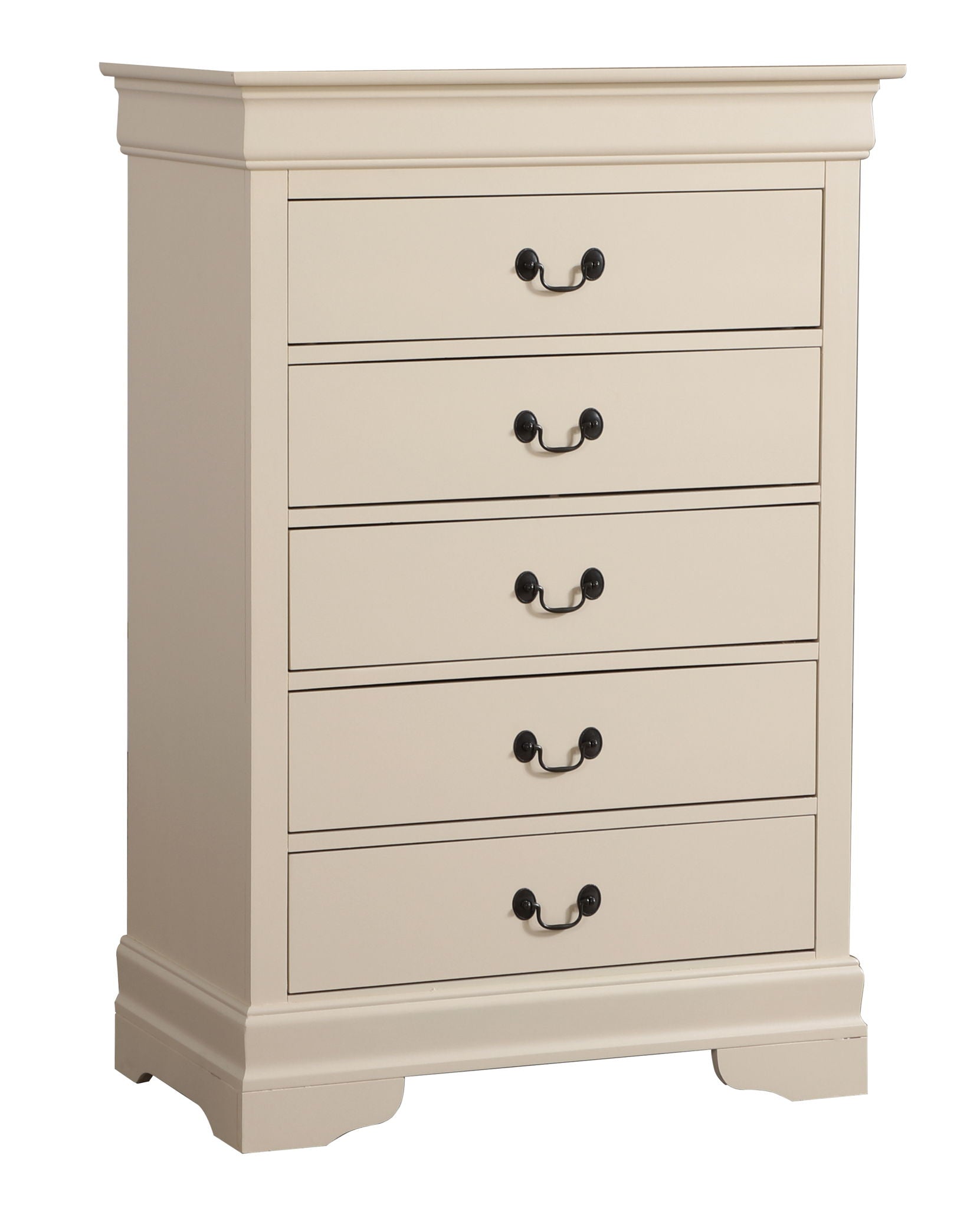 The Traditional Style Storage Chest Elegant is a beige wooden chest with five drawers, each having two black metal handles. It features a classic, simple design with subtly decorative base and top edges.