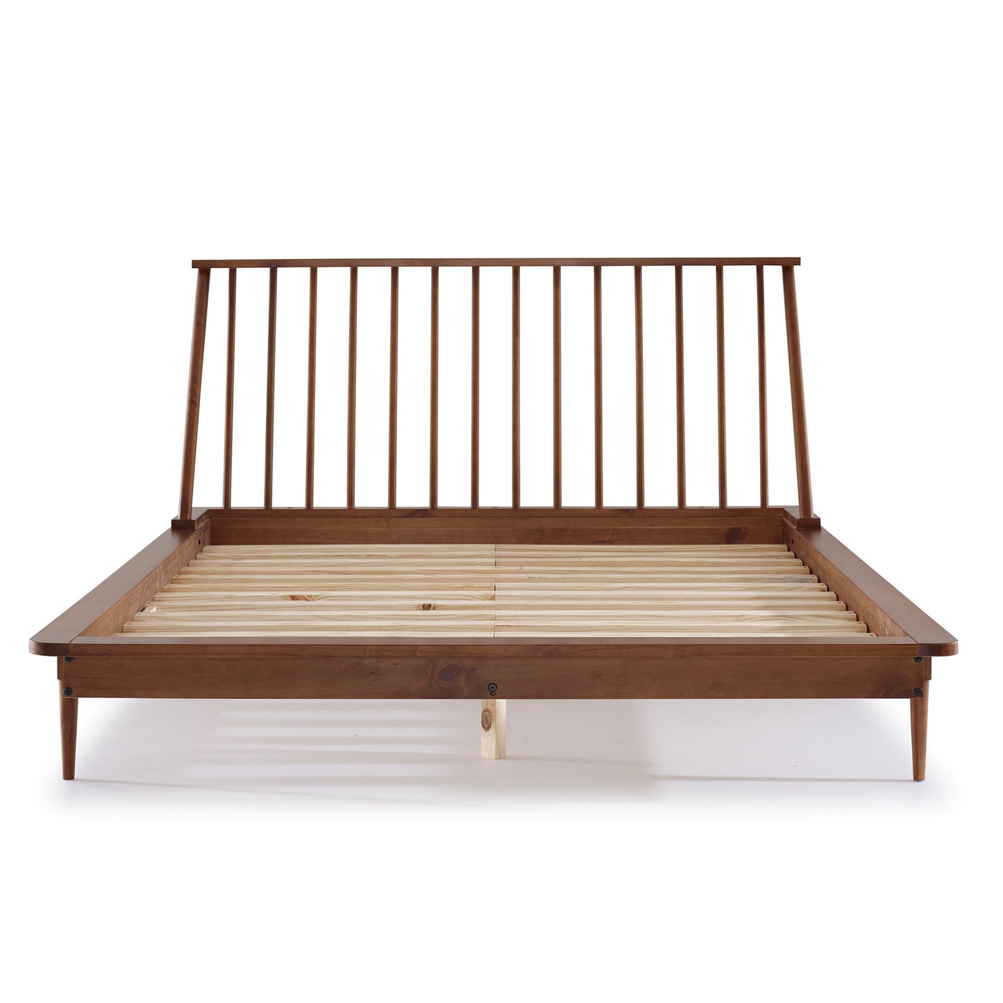 The Mid-Century Modern Solid Wood Platform Bed Frame With Spindle Headboard features a front view of its slatted headboard, platform base, tapered legs, and a warm brown finish in classic mid-century modern style.