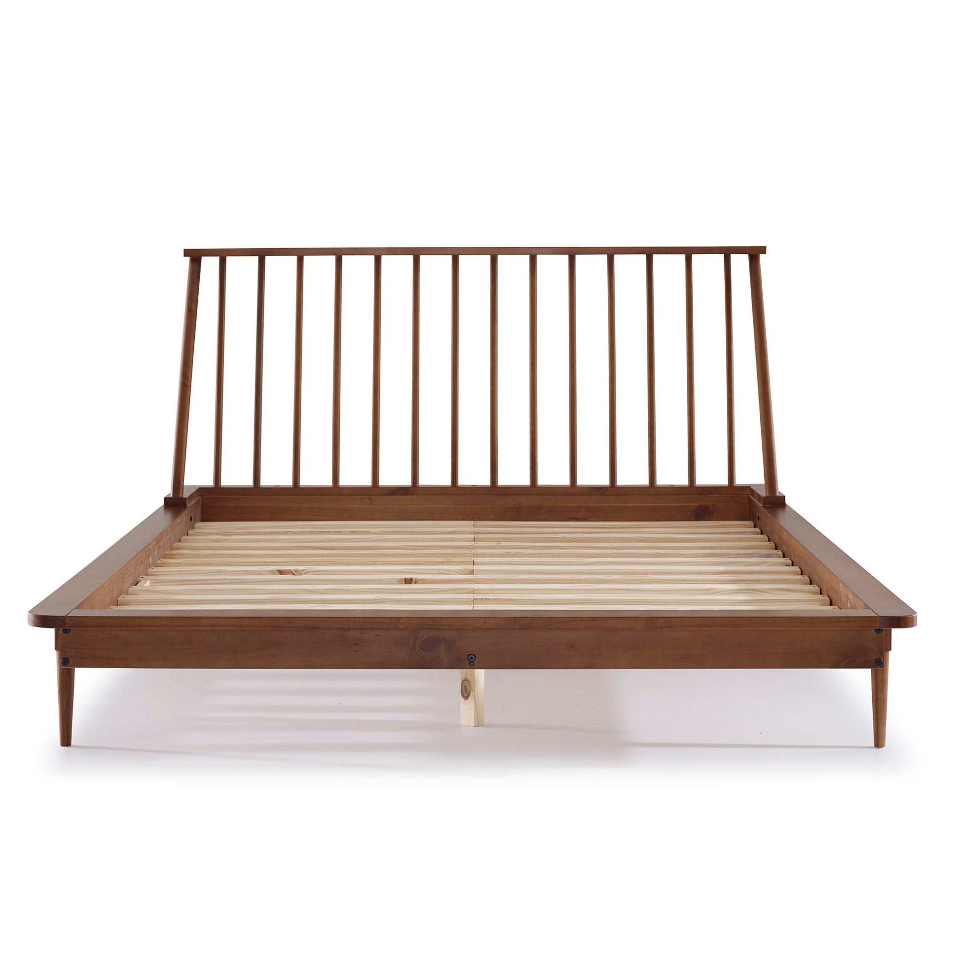 The Mid-Century Modern Solid Wood Platform Bed Frame With Spindle Headboard features a front view of its slatted headboard, platform base, tapered legs, and a warm brown finish in classic mid-century modern style.