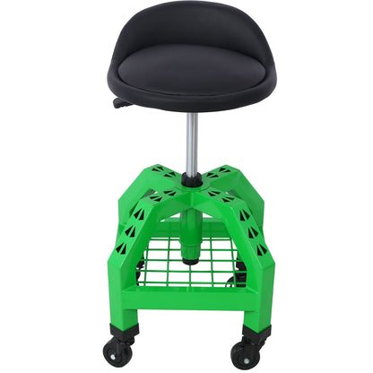 The Pneumatic 360 Degree Swivel Stool is a heavy-duty rolling mechanics creeper seat featuring a black cushioned seat and backrest, bright green metal frame, grid shelf, and four caster wheels for easy mobility.