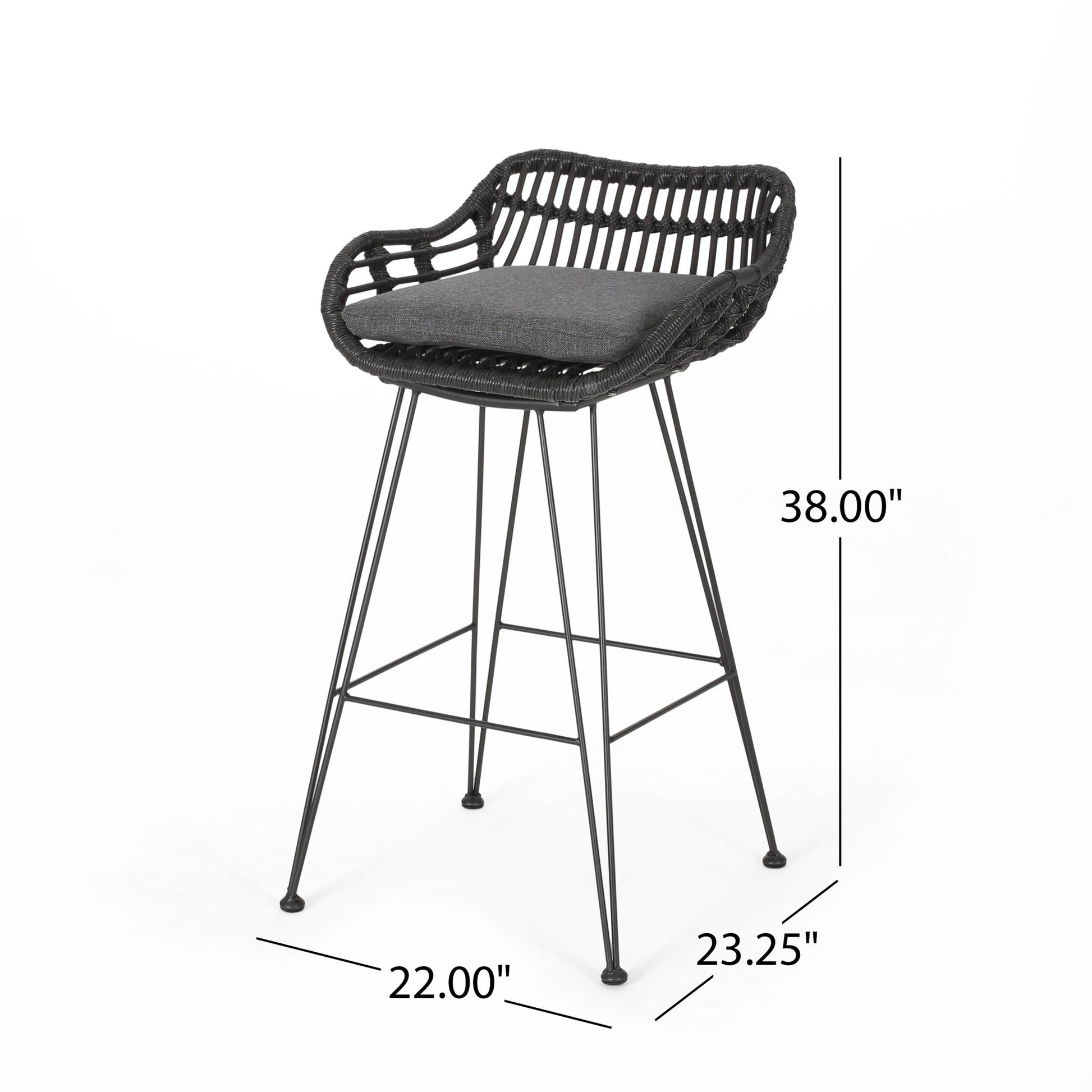 The Outdoor Rattan Bar Chair with Metal Legs features a black woven back, black cushion seat, and slim metal legs. Dimensions: 38" tall, 22" wide, and 23.25" deep.