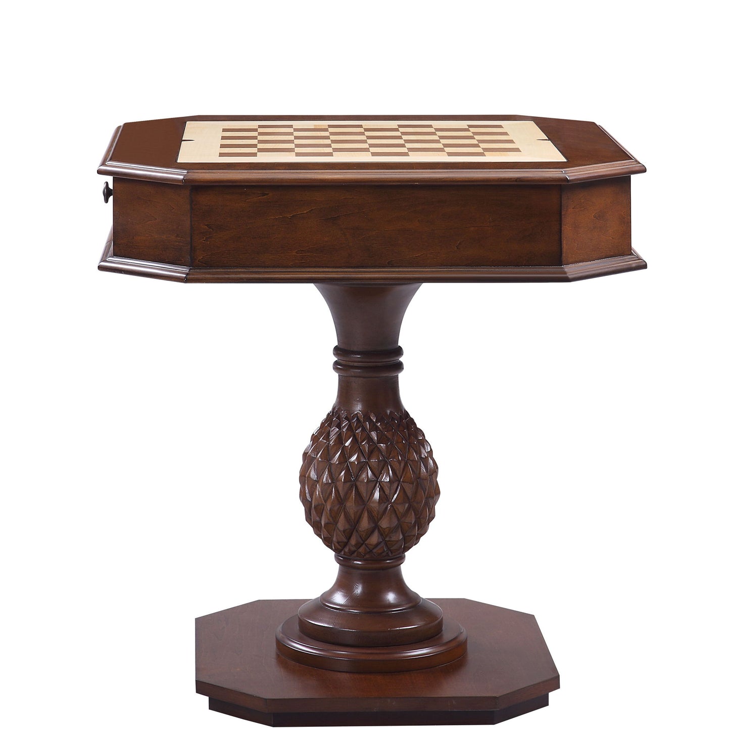 The Bishop is a cherry-finished reversible chess and checker game table with a game tray (chess figures not included), featuring an elegant design and sturdy base.