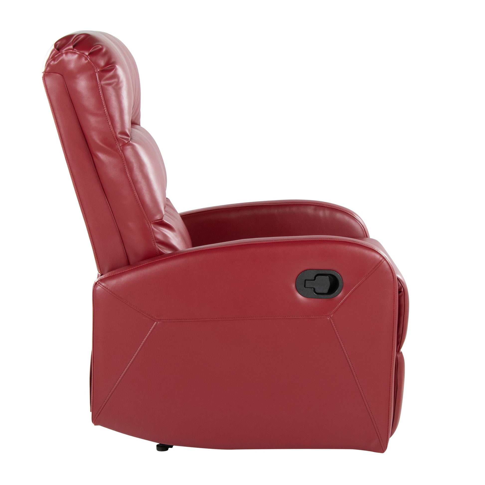 Side view of the Dormi - Contemporary Recliner Chair in red with a padded backrest and seat. Features a black reclining lever on the right side and a smooth, slightly shiny leather-like finish.
