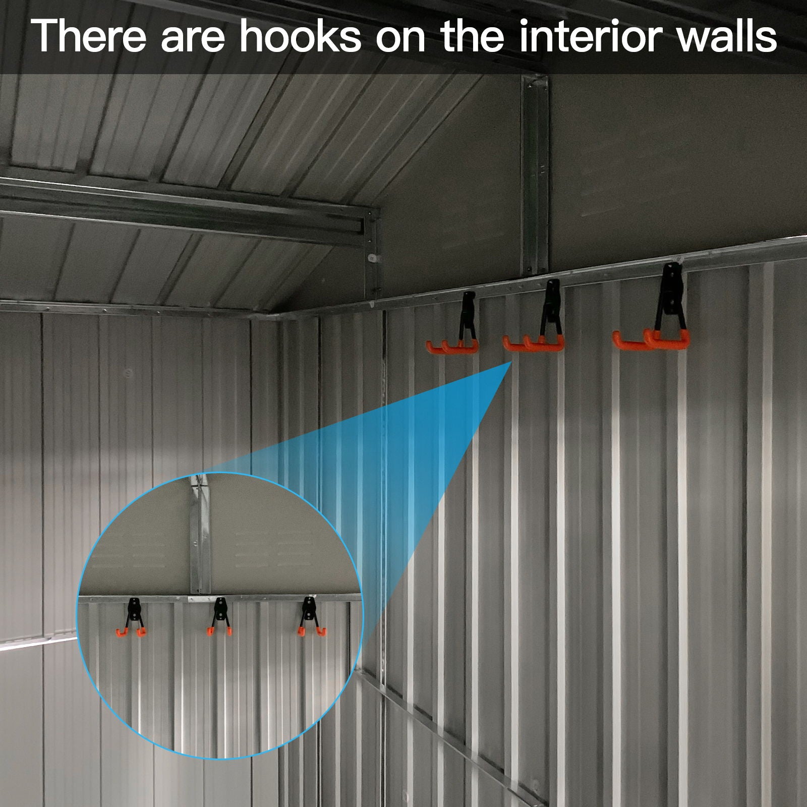 Interior walls of the 10' x 8' Garden Sheds Outdoor Storage Sheds With Window feature three orange and black hooks; a close-up highlights the hooks. Text at the top reads, "There are hooks on the interior walls.