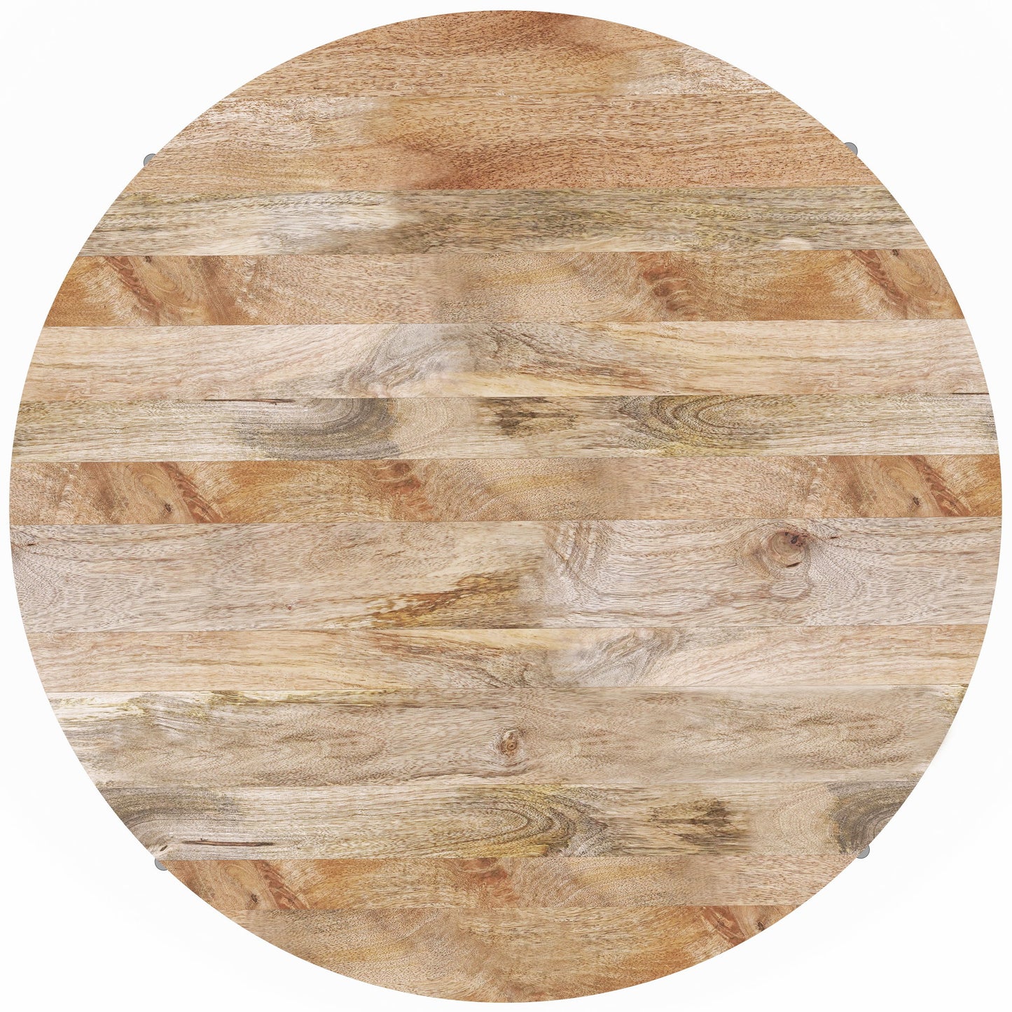 The Rayburn Drum Coffee Table features a round wooden tabletop in a natural, light brown finish with visible wood grain patterns and subtle color variations.