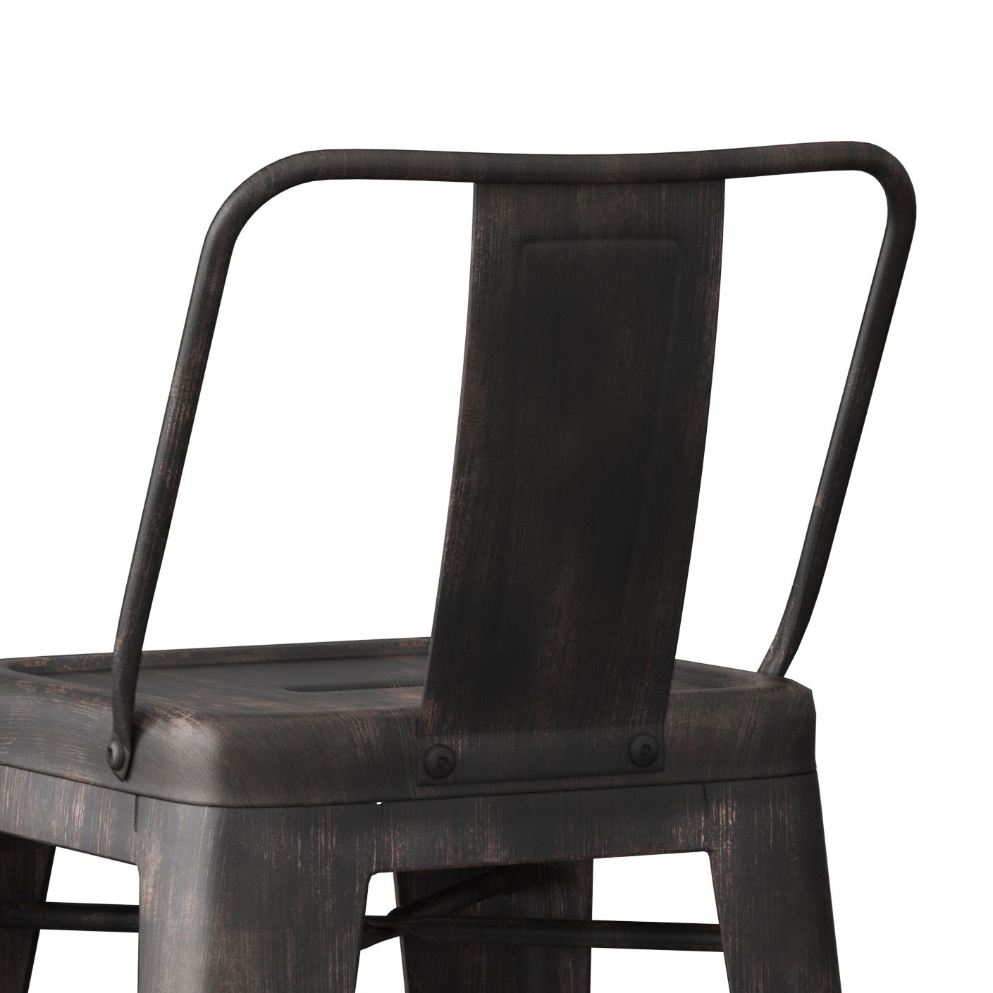 A close-up of the backrest and seat of the Rayne - Curved Back Metal Stool (Set of 2), featuring a dark, industrial-style metal design with a slightly distressed finish and a rectangular back support.