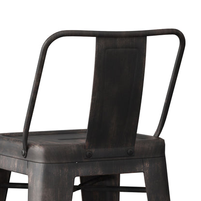 A close-up of the backrest and seat of the Rayne - Curved Back Metal Stool (Set of 2), featuring a dark, industrial-style metal design with a slightly distressed finish and a rectangular back support.