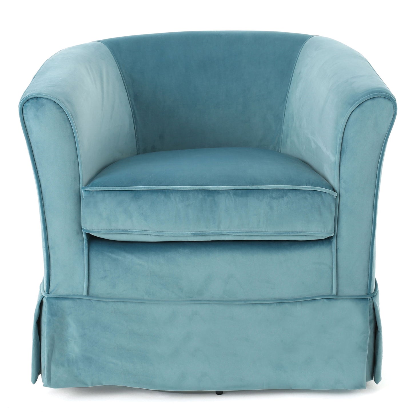 The Zeniqua Upholstered Velvet Swivel Chair With Loose Cover features plush light blue velvet, a rounded backrest, wide rolled arms, a skirted bottom, and a thick cushioned seat for a cozy and inviting look.