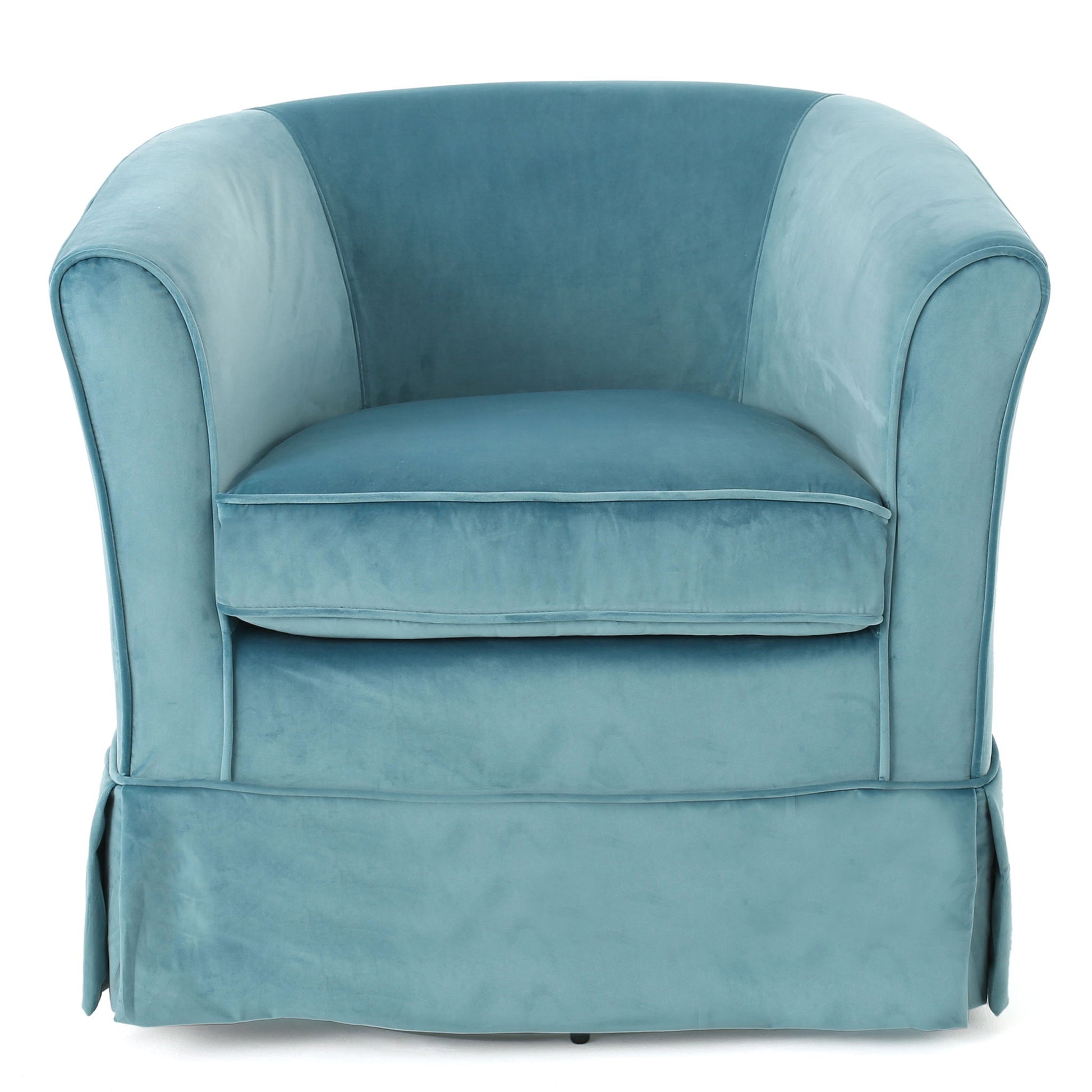 The Zeniqua Upholstered Velvet Swivel Chair With Loose Cover features plush light blue velvet, a rounded backrest, wide rolled arms, a skirted bottom, and a thick cushioned seat for a cozy and inviting look.