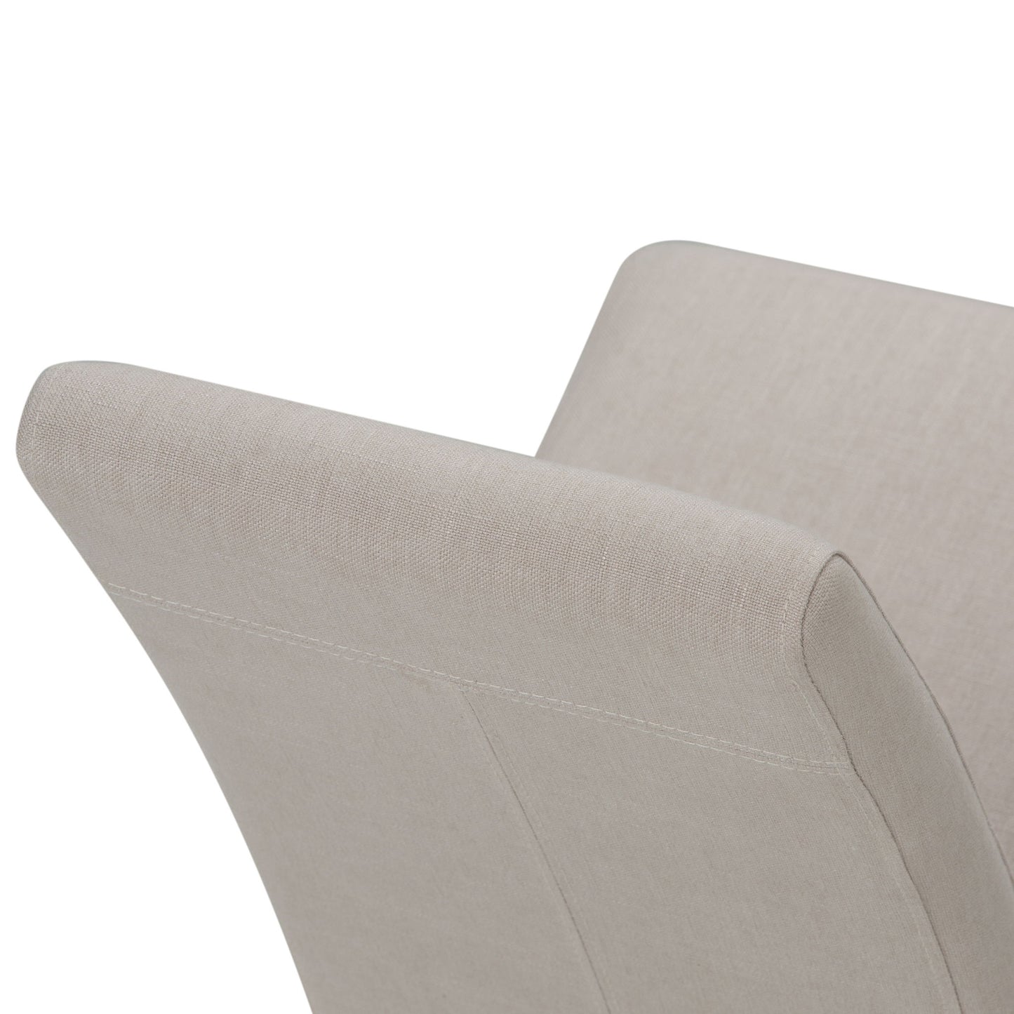 Close-up of the upper backrests of two Acadian - Upholstered Parson Dining Chairs (Set of 2), highlighting their smooth beige fabric and neat stitching.