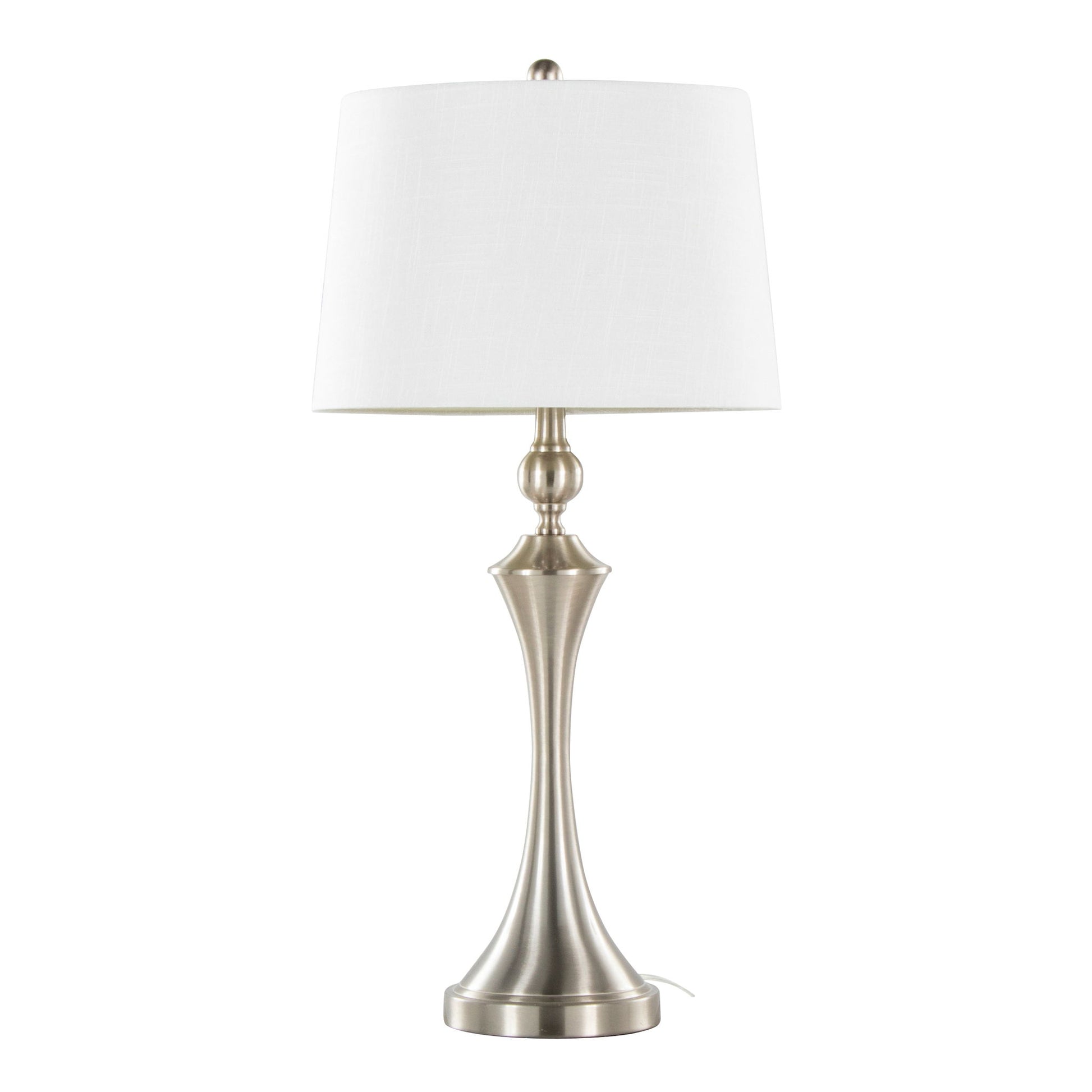 The Flint Contemporary Table Lamp (Set of 2) features a brushed nickel base, white fabric shade, and built-in USB port, shown on a white background.