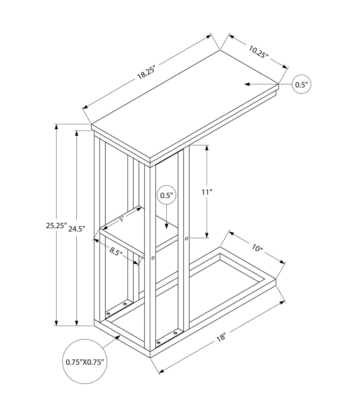 Isometric line drawing of the Accent Table C-Shaped, Contemporary & Modern. Dimensions: tabletop 18.25"W x 10.25"D x 0.5"H, height 25.25", base 18"L x 8.5"W x 0.75"H, frame and shelf details included and labeled in the image.