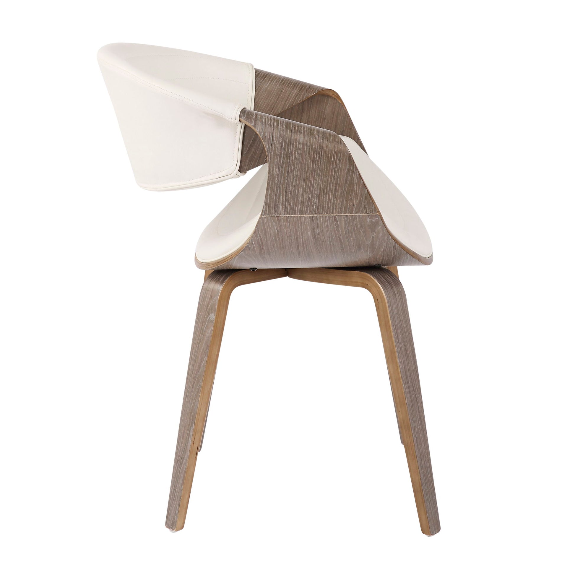 Side view of the Symphony - Mid Century Modern Dining Chair, featuring light wood legs and frame with a curved, white upholstered backrest and seat for a contemporary, minimalist look with smooth wood grain and clean lines.