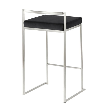 The Fuji - Contemporary Elegant Stackable Counter Stool Set features a sleek silver metal frame, a rectangular black cushioned seat, low backrest, open sides, and a minimalist design.