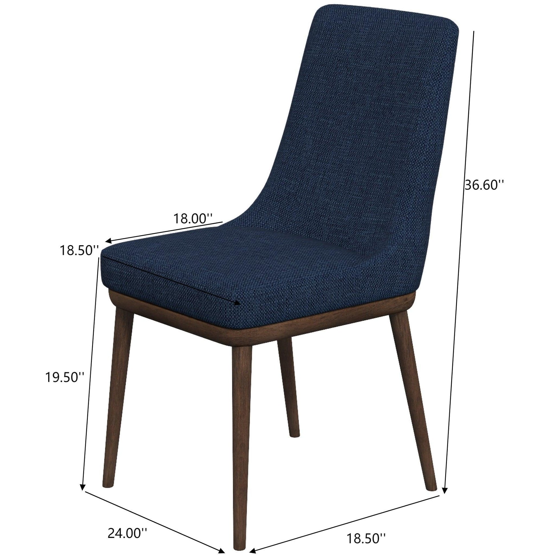 The Kate - Mid-Century Modern Dining Chair (Set of 2) features a dark blue upholstered seat and back, wooden legs, and dimensions of 36.6" H x 18.5" W x 24" D, with an 18" seat depth and 19.5” seat height.