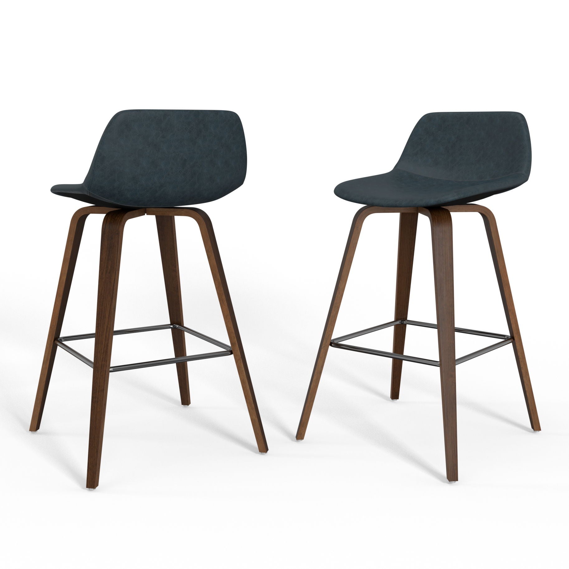 The Randolph Bentwood Counter/Bar Height Stool (Set of 2) features minimalist, contemporary design with dark curved seats, wooden legs, and metal footrests. Shown are two stools against a white background.