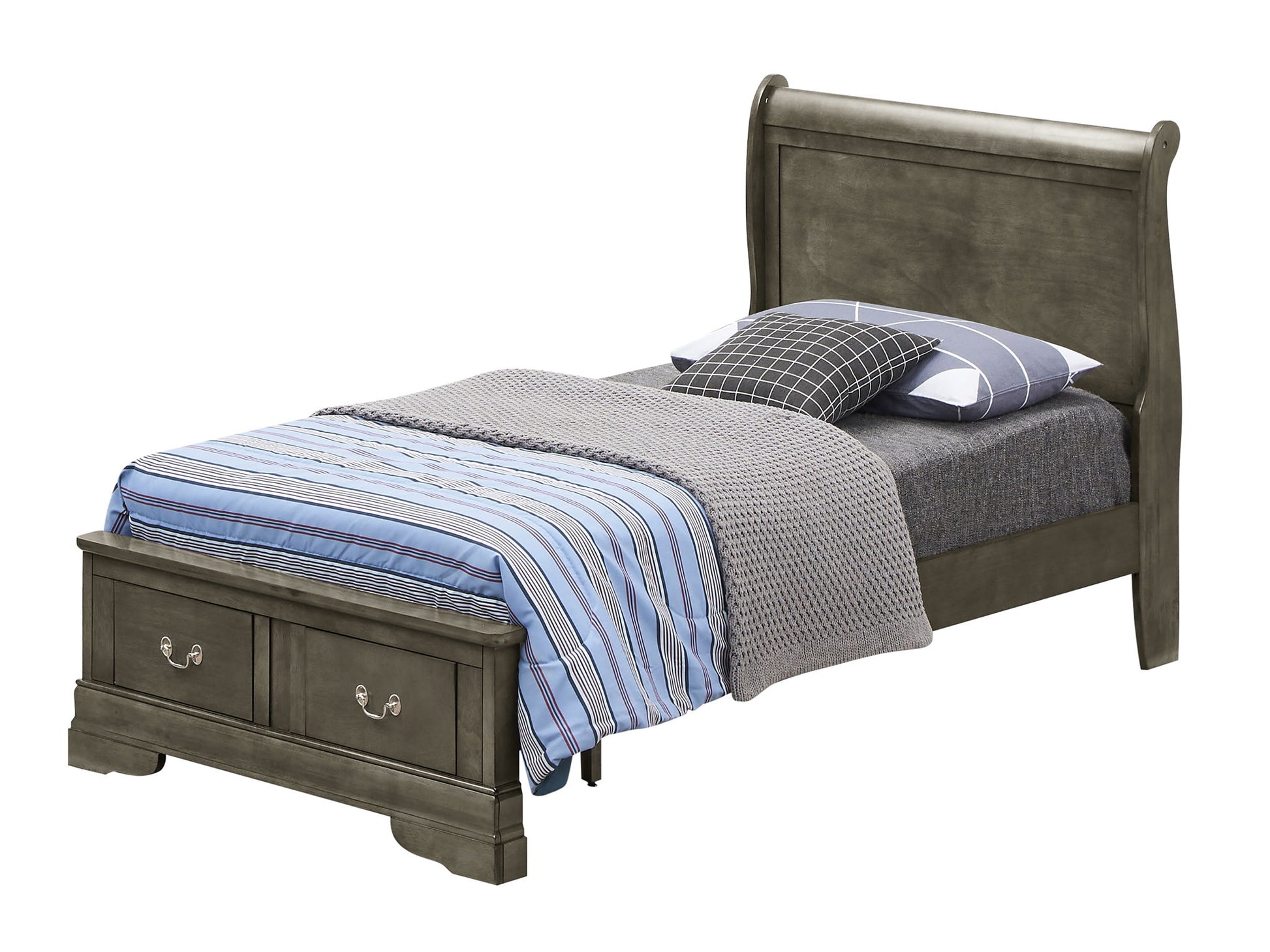 The Louis Phillipe - Storage Bed is a wooden twin bed featuring a curved headboard, built-in storage drawers at the foot, gray bedding, a striped blue and white comforter, a gray blanket, and two patterned pillows.
