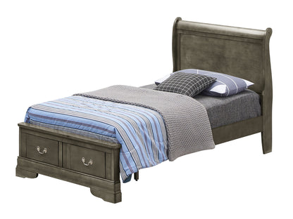 The Louis Phillipe - Storage Bed is a wooden twin bed featuring a curved headboard, built-in storage drawers at the foot, gray bedding, a striped blue and white comforter, a gray blanket, and two patterned pillows.