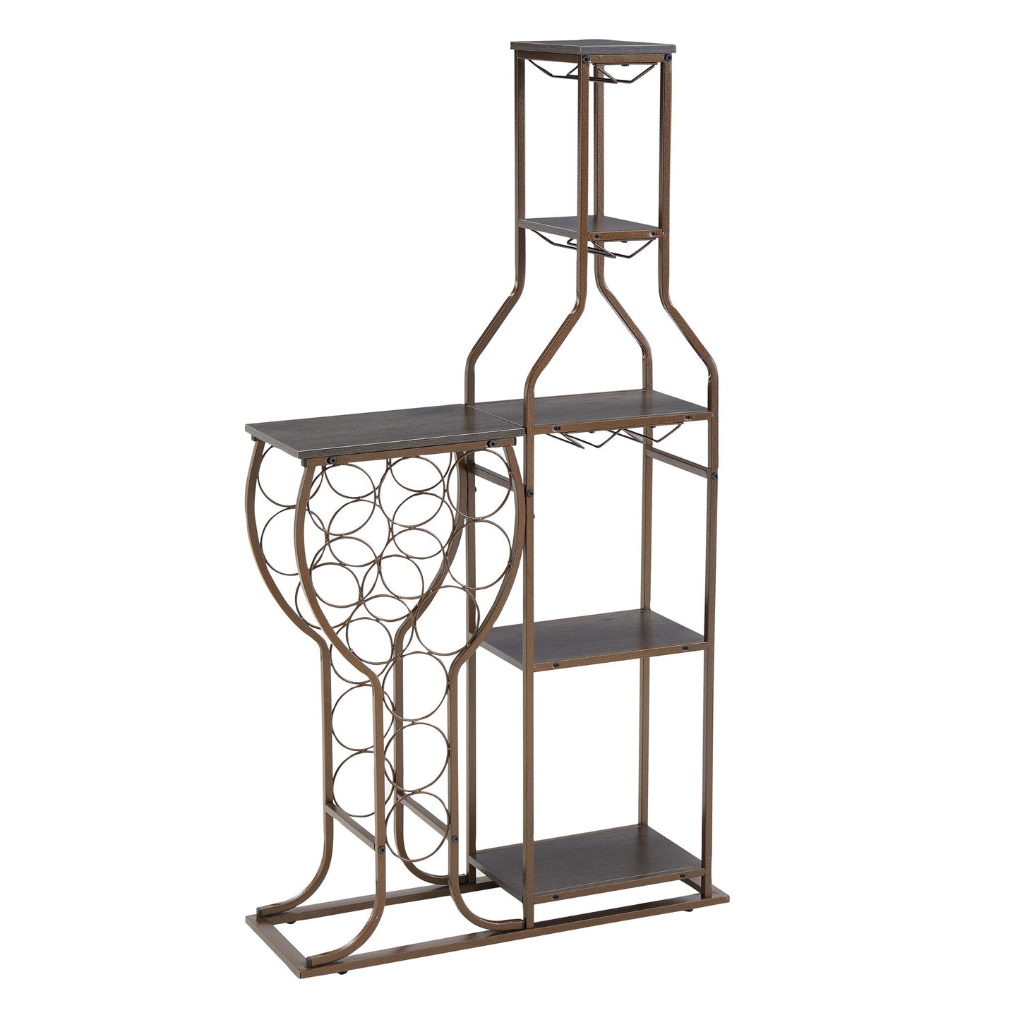 The 11 Bottle Wine Bakers Rack is a 5-tier freestanding wine rack with circular holders, hanging glass holder, and shelves for storage or display—perfect for your kitchen or dining room home bar.