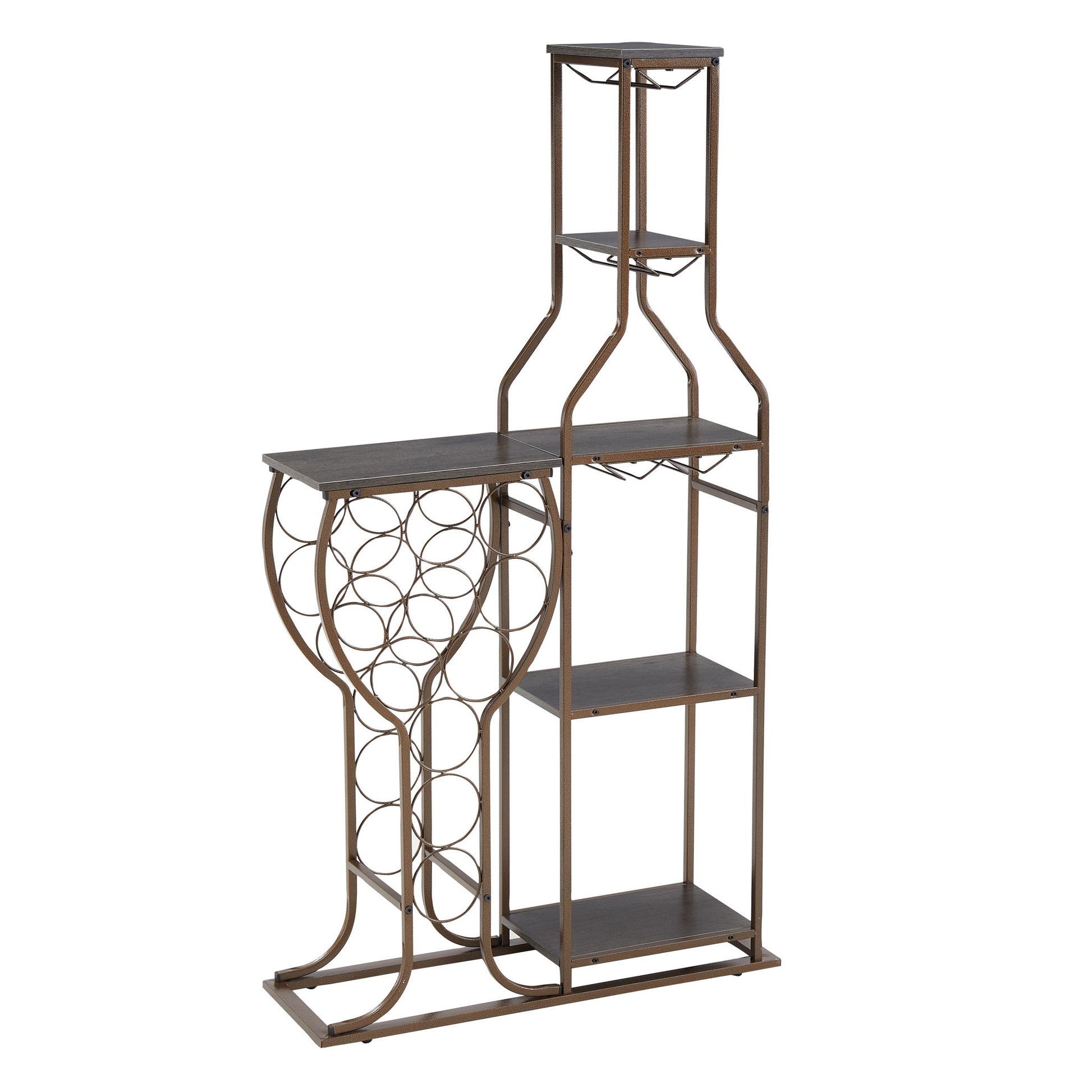 The 11 Bottle Wine Bakers Rack is a 5-tier freestanding wine rack with circular holders, hanging glass holder, and shelves for storage or display—perfect for your kitchen or dining room home bar.