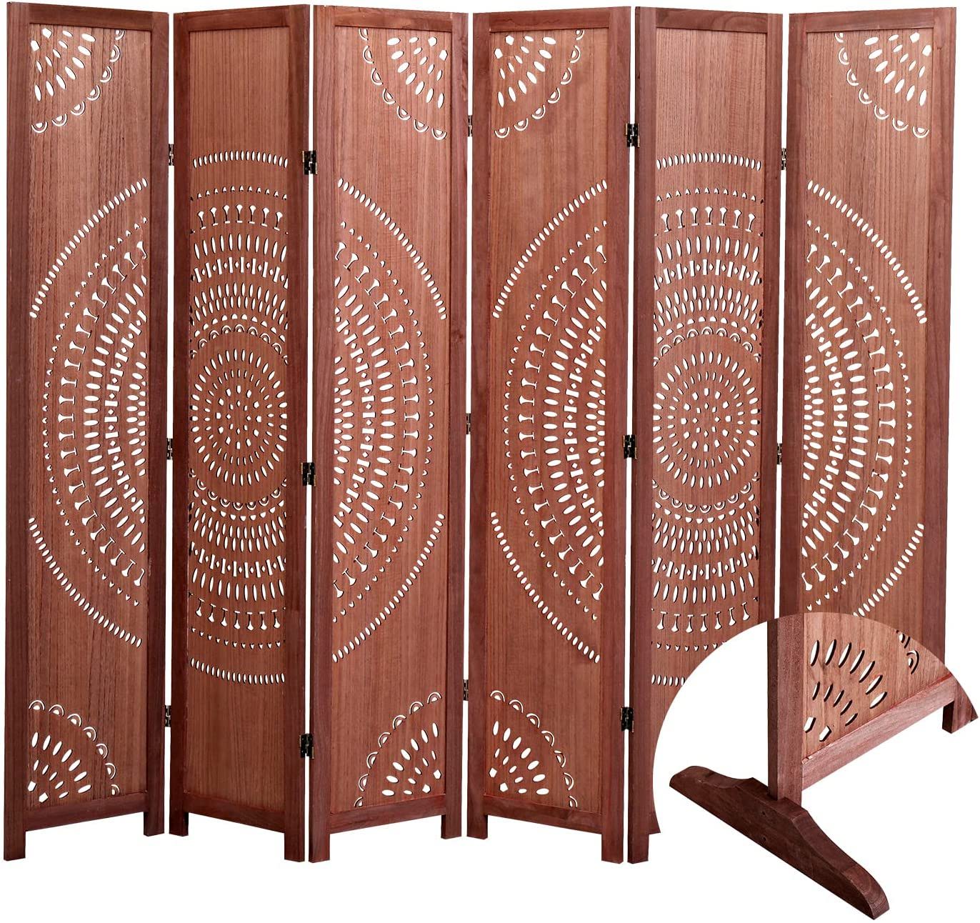 The Panel Solid Wood Folding Room Divider features five panels with circular cut-out designs and stands upright; a detailed inset highlights its sturdy footed support for added stability.